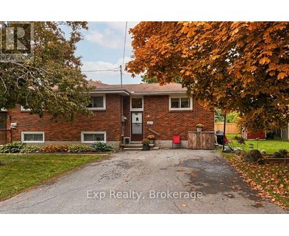 A house with a driveway and a tree with orange leaves.