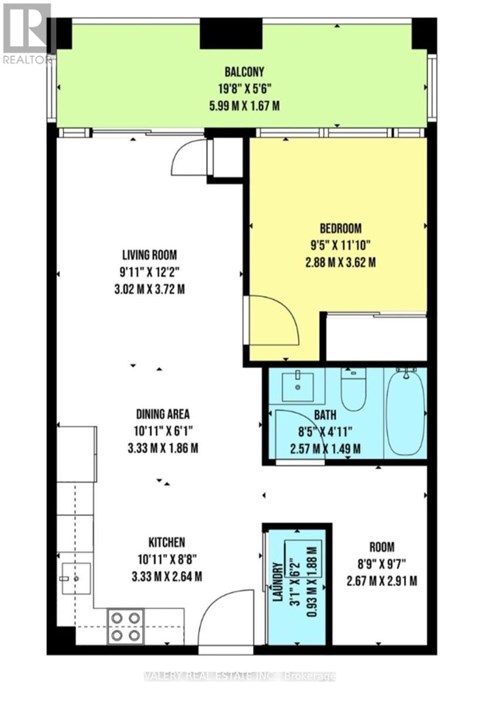 A floor plan of a balcony apartment with a living room, dining area, kitchen, bedroom, and bathroom.