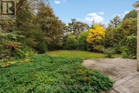 A garden with a brick pathway and a variety of plants and trees.