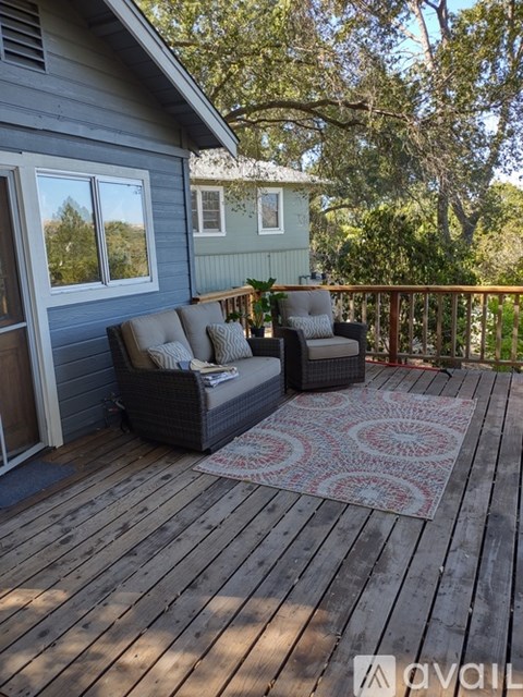 A wooden deck with two couches and a rug.