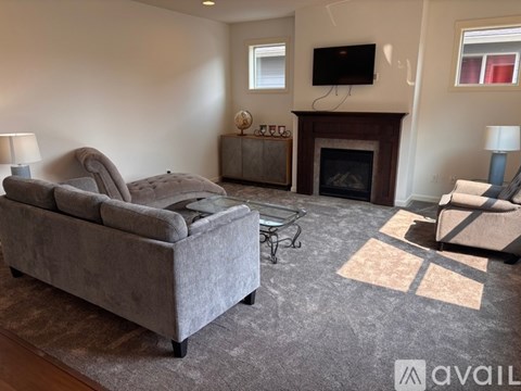 A living room with a grey couch, a fireplace, and a television.