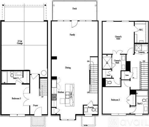 A floor plan of a house with three bedrooms, a garage, and a dining area.