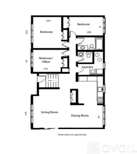 A floor plan of an apartment with a living room, dining room, two bedrooms, a bathroom, and a laundry room.