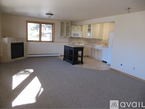A living room with a fireplace and a kitchen area in the background.