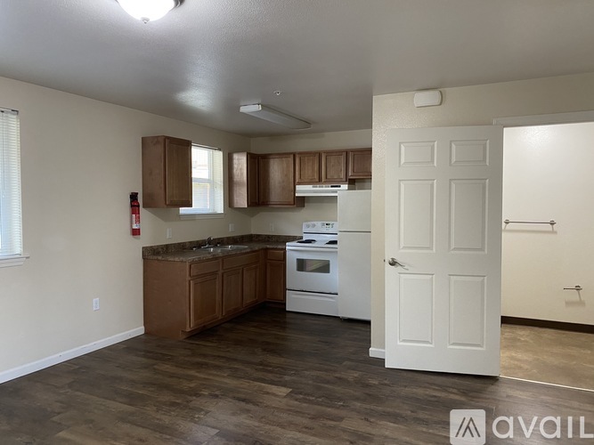 A kitchen with wooden cabinets and a white door.