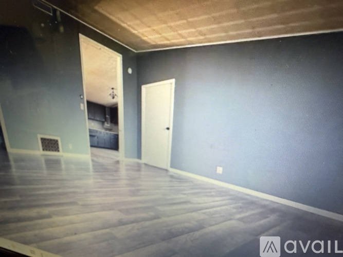 A room with a wooden floor and a white door.