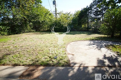 A grassy area with a concrete path and a tree sculpture.