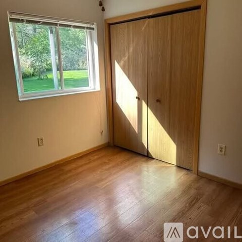 A room with a wooden floor and a wooden door leading to a window.
