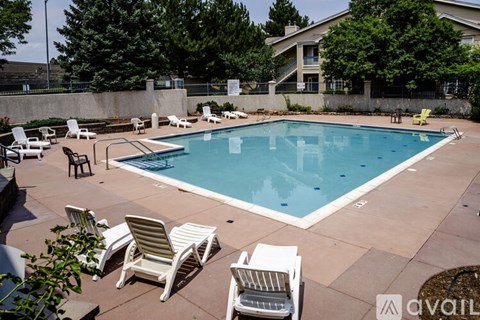 A pool surrounded by chairs and trees.