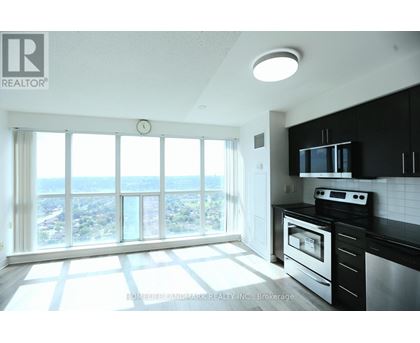 A modern kitchen with a view of the city.