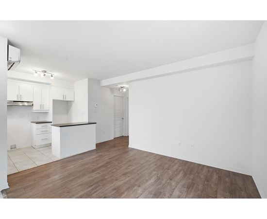A kitchen with white cabinets and a wooden floor.