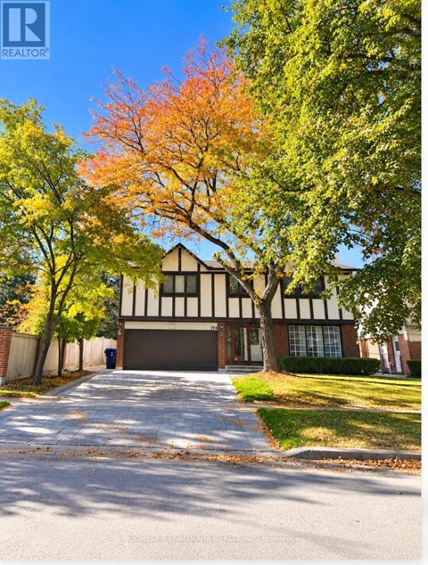 A tree with orange leaves is in front of a black and white building.