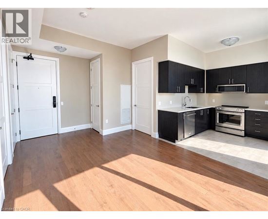 A kitchen with black cabinets and a white door.