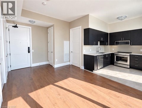 A kitchen with black cabinets and a white door.
