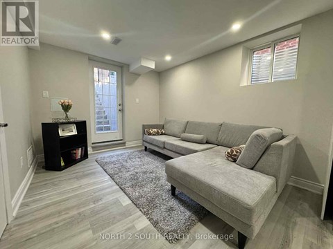 A living room with a grey couch and a grey rug.