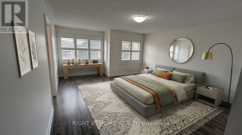 A bedroom with a large bed and a mirror on the wall.