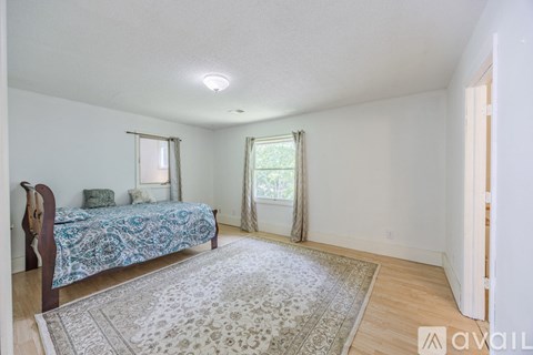 A bedroom with a bed, window, and rug.