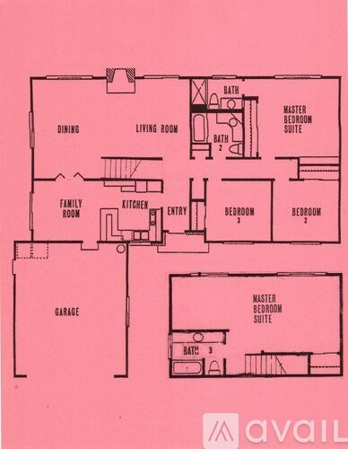 A floor plan of a house with a garage, two master bedroom suites, and a living room.