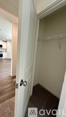 A white door with a silver handle is open.