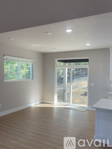 A room with wooden floors and a large window with a view of trees.