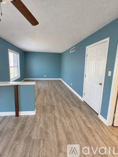 A room with a wooden floor and a white door.