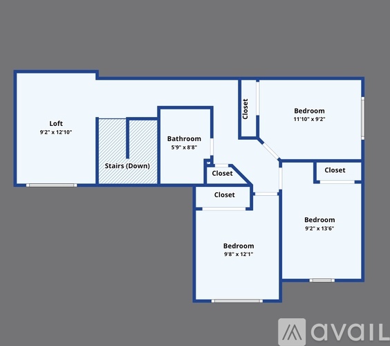 A floor plan of a house with a loft, two bathrooms, two closets, and three bedrooms.