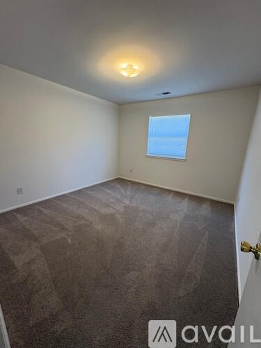 A room with a carpeted floor and a window.