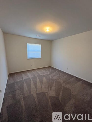 A room with a window and a carpeted floor.