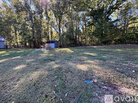 A grassy field with trees in the background and a shed in the middle.