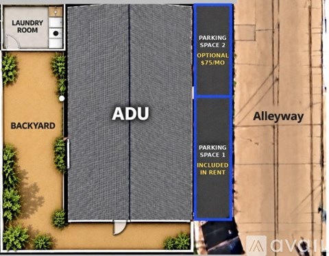 A blue sign indicates that there is parking space 2 available for an additional $75/mo.