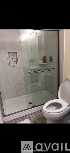 A bathroom with a toilet and a glass shower door.