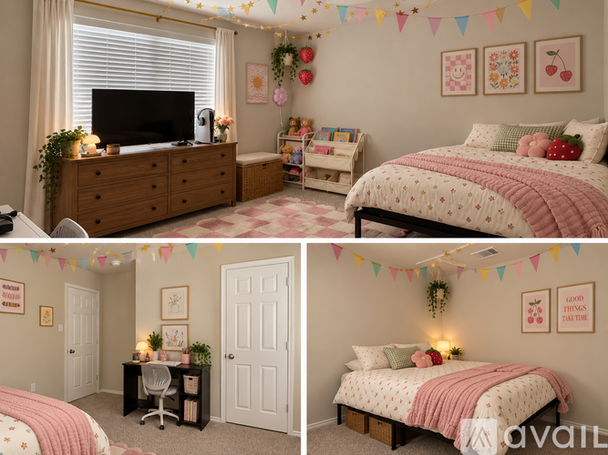 A collage of four images showing different bedroom setups with beds, desks, and decorations.