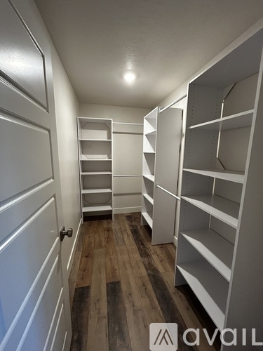 A long hallway with shelves on the side and a door on the left.