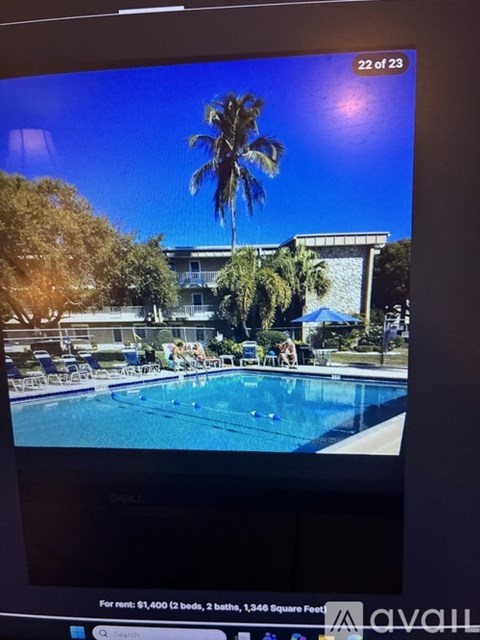 A screen shows a pool with a palm tree and a building in the background.