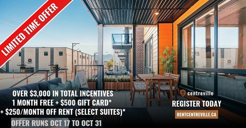 An advertisement for a limited time offer on renting a suite at Centreville, including incentives and a gift card.