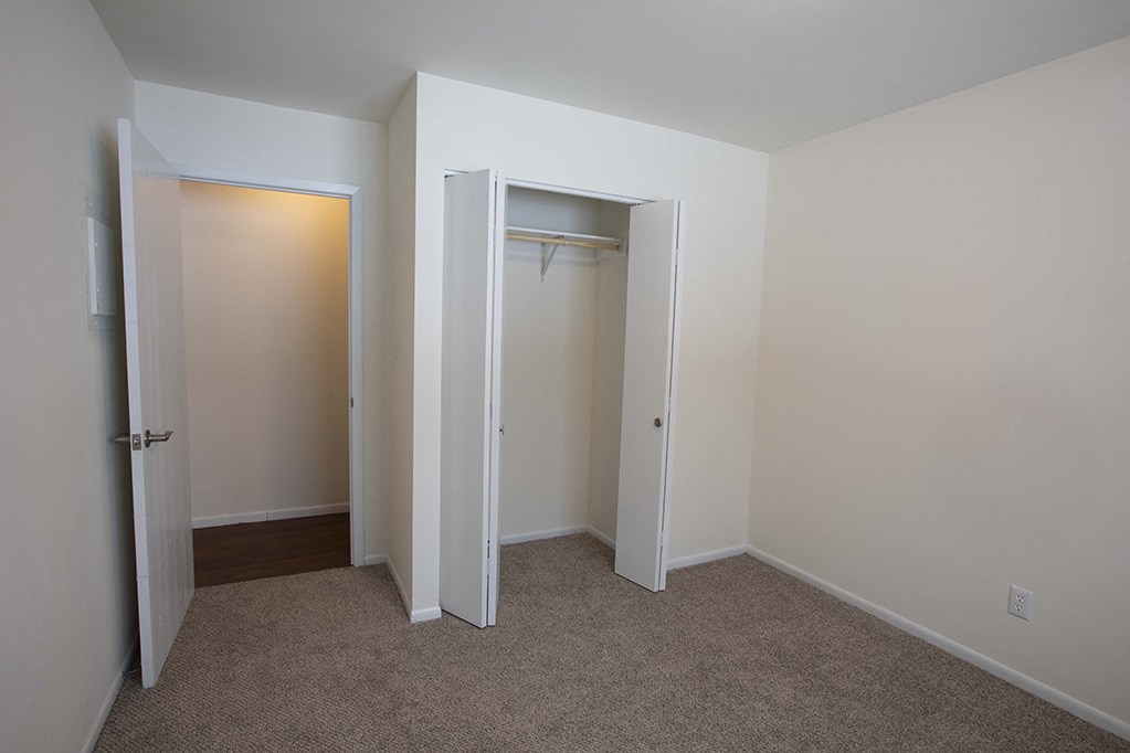 a bedroom with a closet and a door to a wardrobe