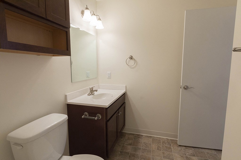 a bathroom with a sink toilet and a mirror