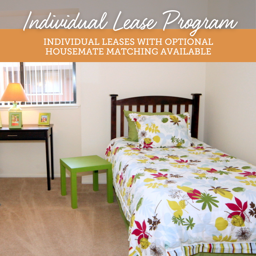 A room on the Individual Lease Program. Text overlay reads "Individual Lease Program: Individual leases with optional housemate matching available."