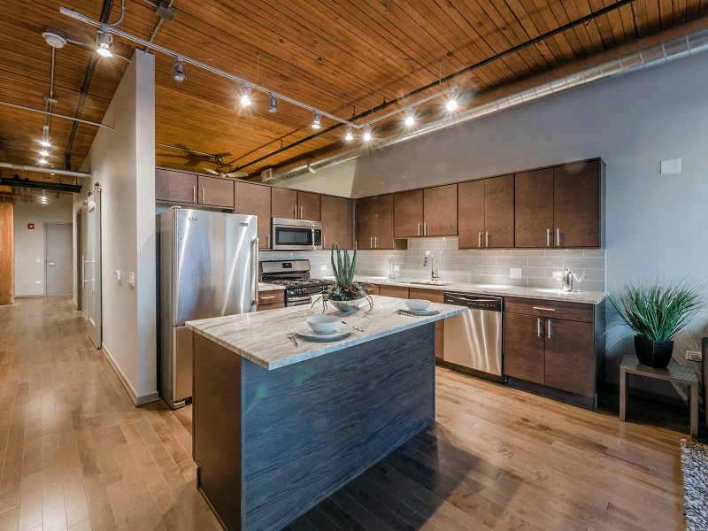 Chicago luxury apartment with a living room and dining room in a loft