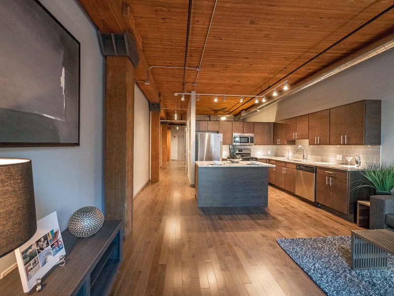 Chicago luxury apartment with a living room and dining room in a loft