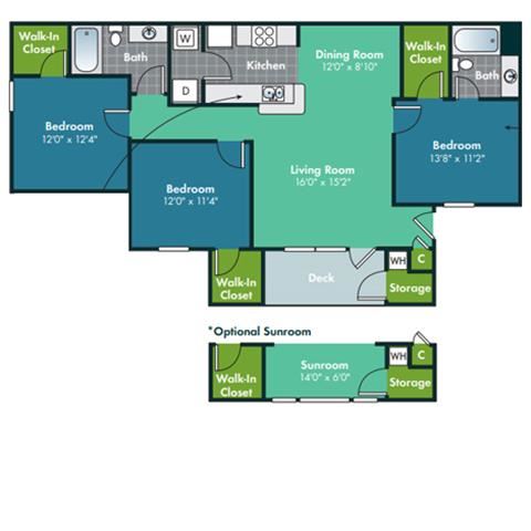 3 Bedroom 2 Bath Floorplan for Hatteras 3 Bedroom 2 Bath Floorplan for Hatteras at Abberly Grove Apartment Homes by HHHunt, Raleigh, 27610