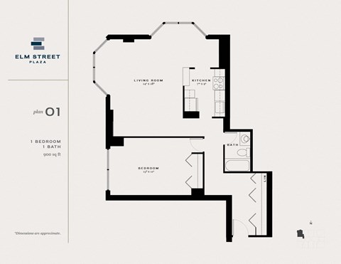 One Bedroom Floor Plan at Elm Street Plaza, Chicago, 60610