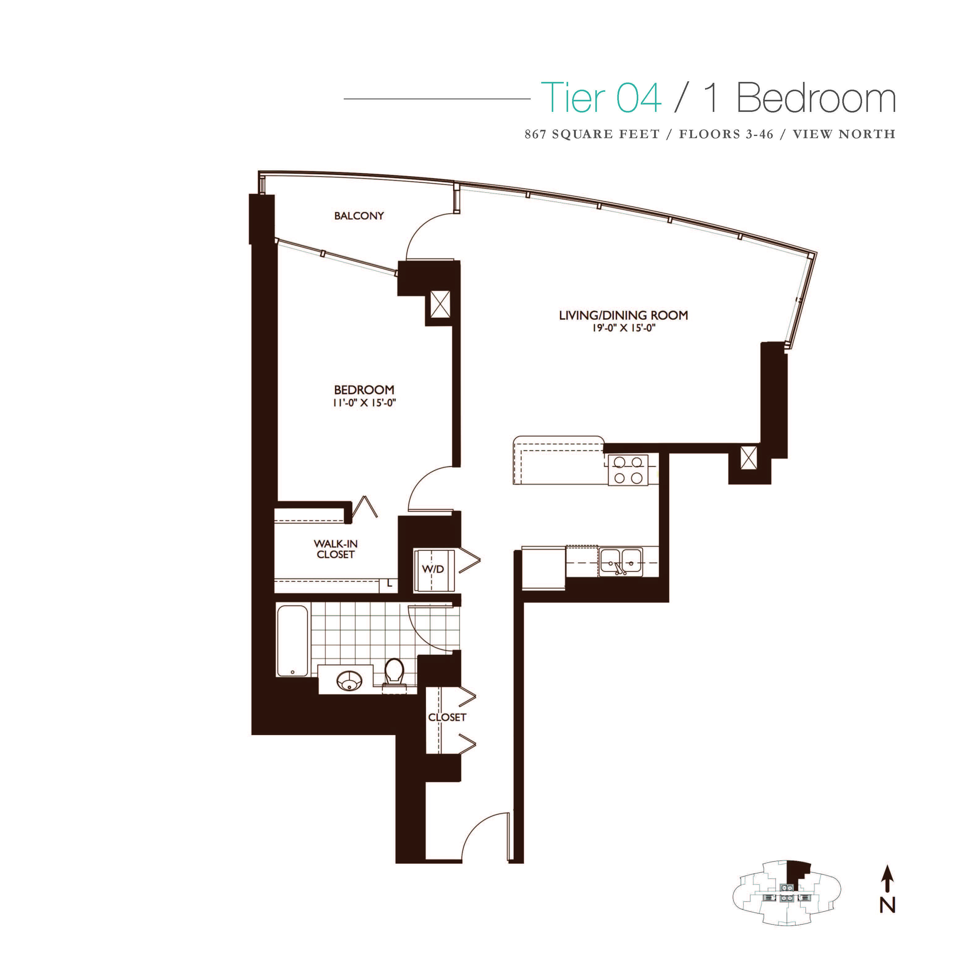 One Bedroom Floor Plan at Kingsbury Plaza, Chicago