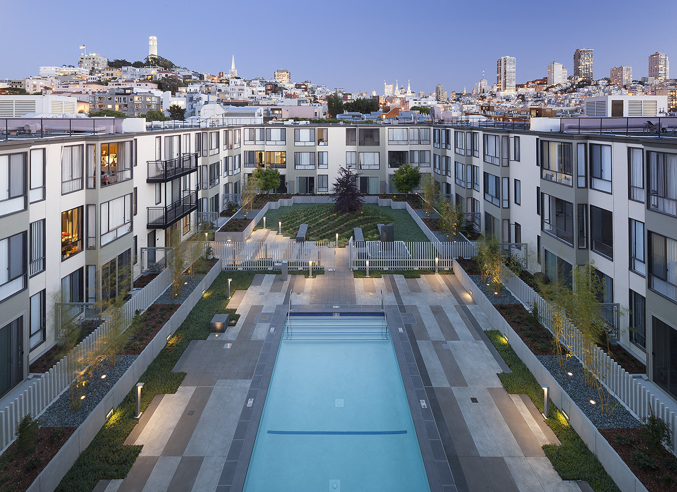 Inner courtyard with a swimming pool open to residents.