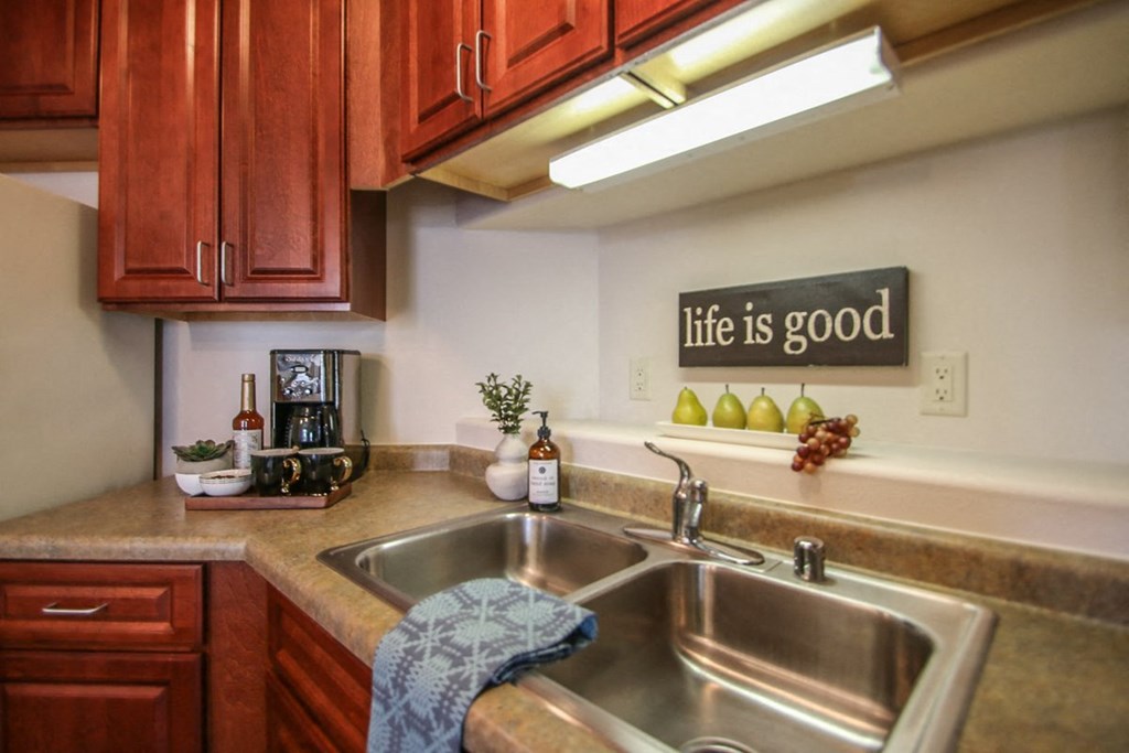 a kitchen with a sink and a window