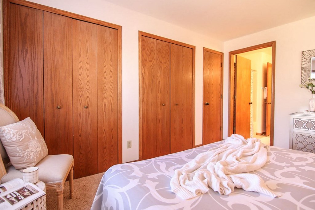 a bedroom with a bed and a closet