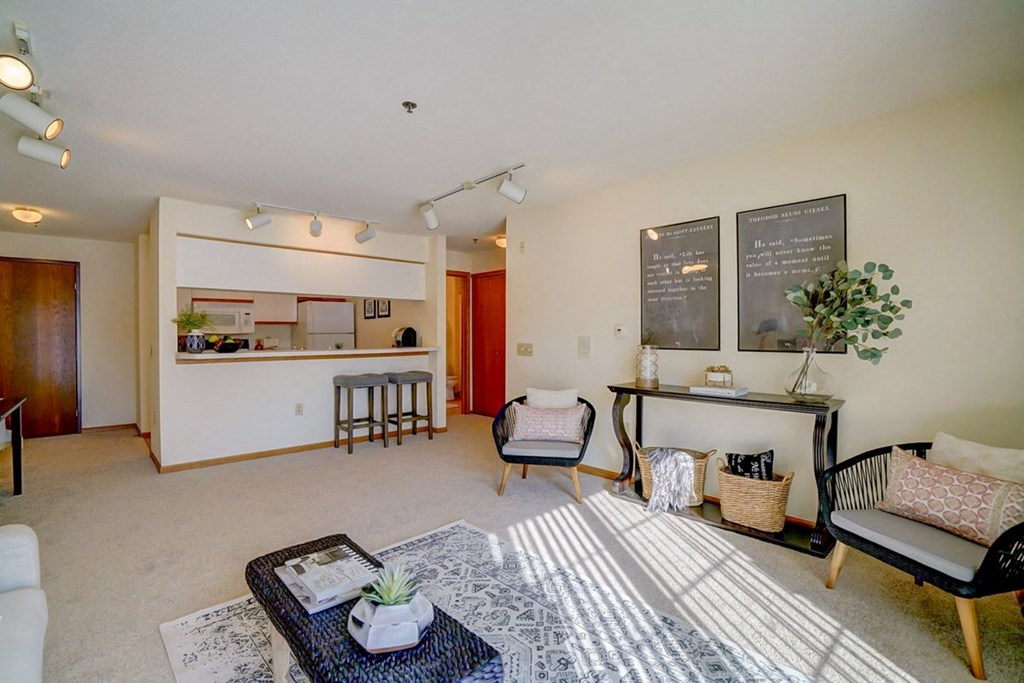 a living room with a couch and a table