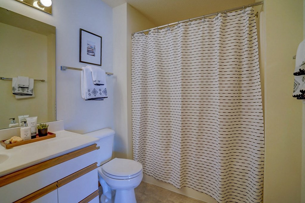 a bathroom with a shower and a toilet and a sink