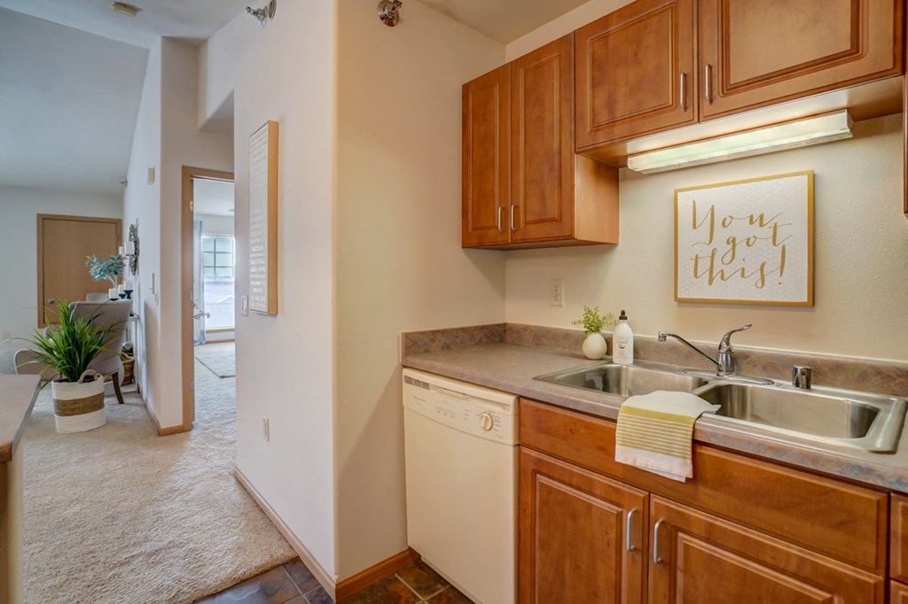 a kitchen with wooden cabinets and a sink and a dishwasher