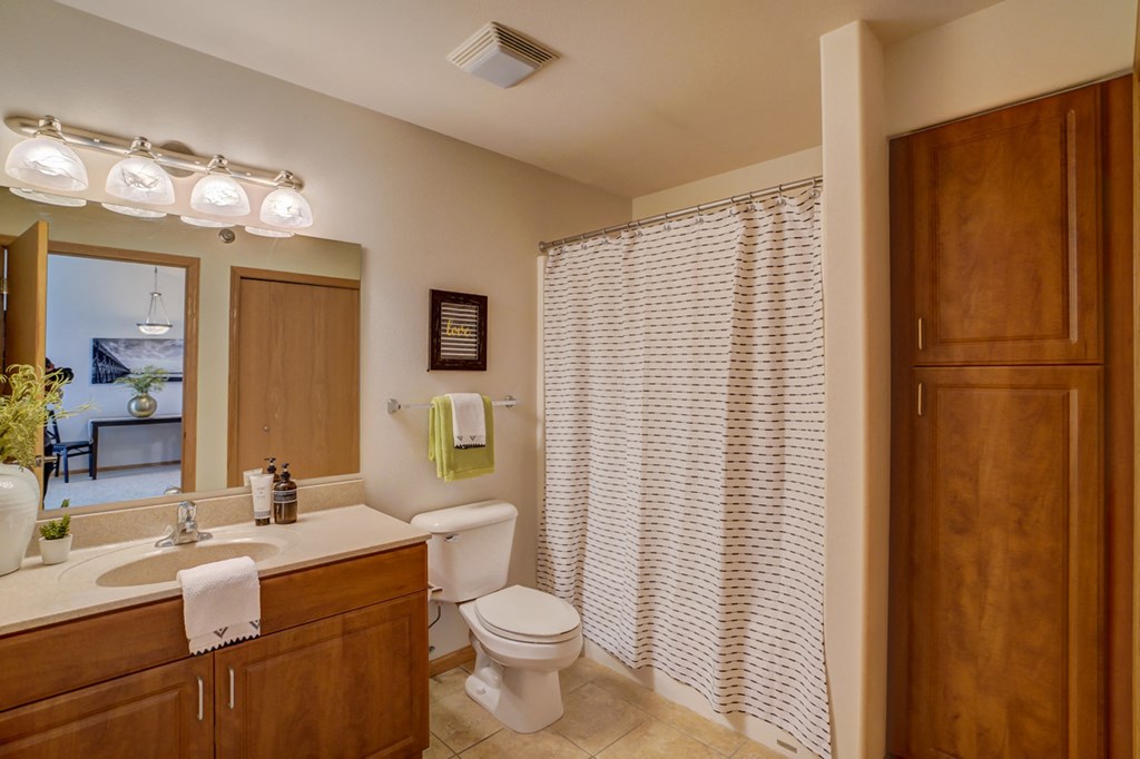 a bathroom with a shower toilet and sink and a mirror